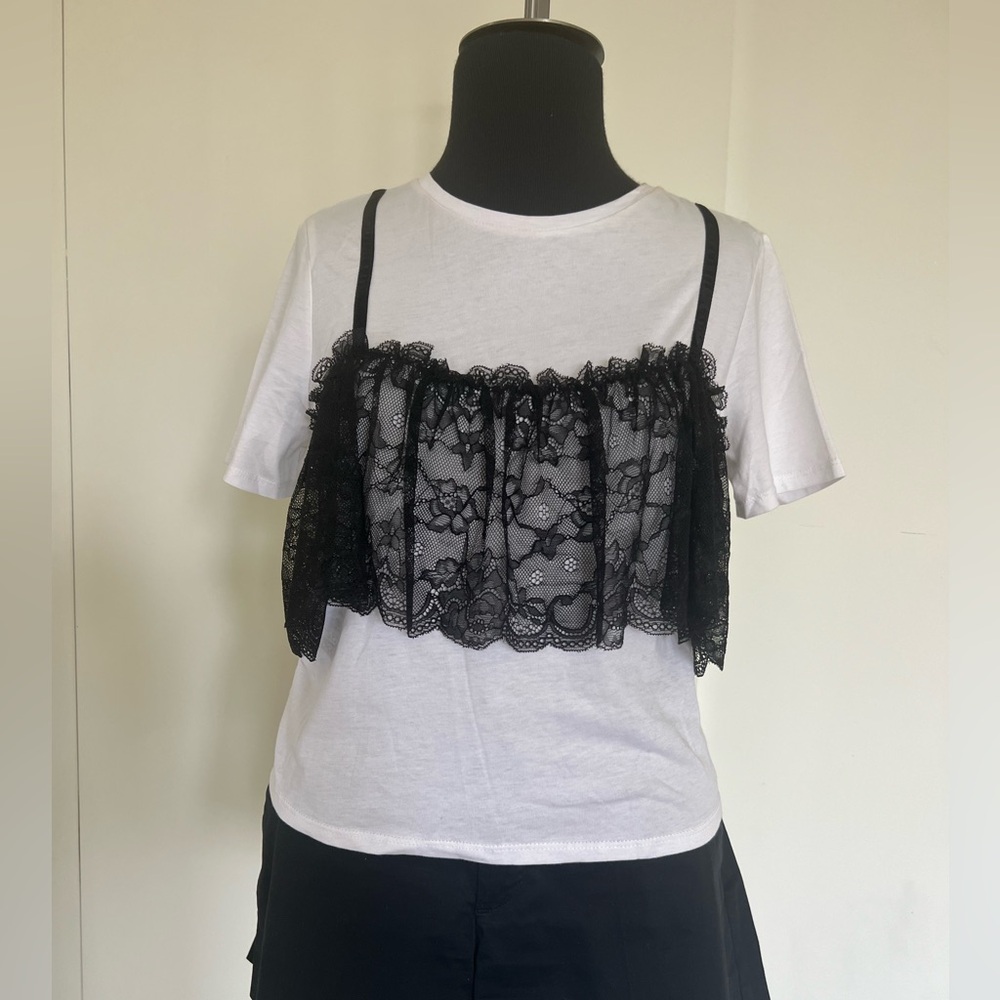 Zara White cotton Tshirt black lace - Picture 2 of 8